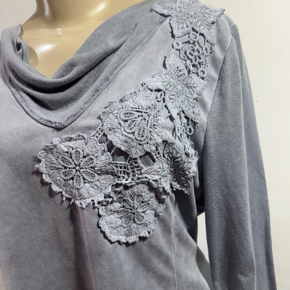 Feratelli Women's Boho Art Top Gray Long Sleeve Tunic Style Lace Crochet SZ M - Picture 3 of 16
